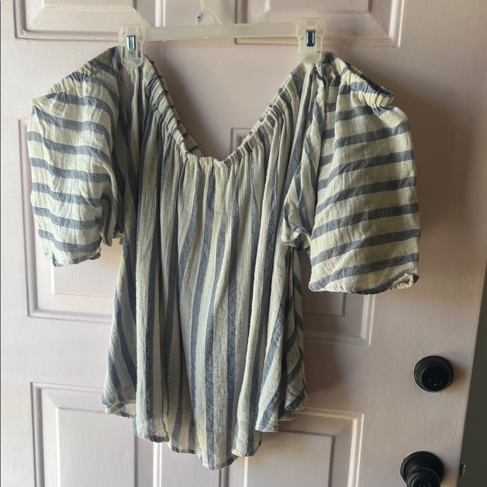 Love in Blue and White Striped Off-Shoulder Blouse